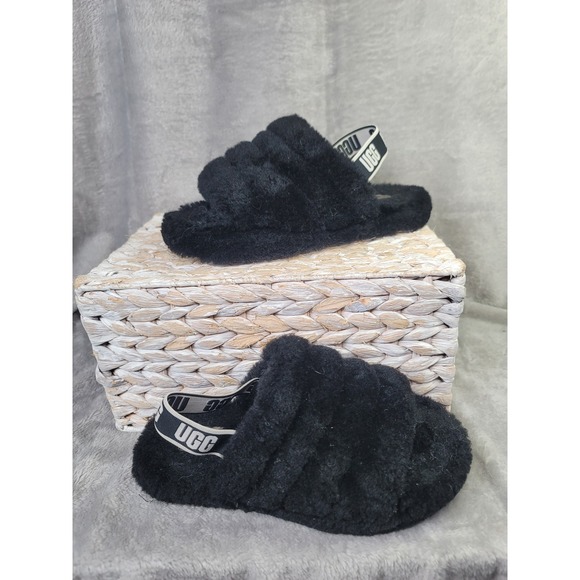 UGG Shoes - UGG Fluff Yeah Slide Black Sheepskin Slingback Slipper Y2K Size 5 Soft Girl Cool